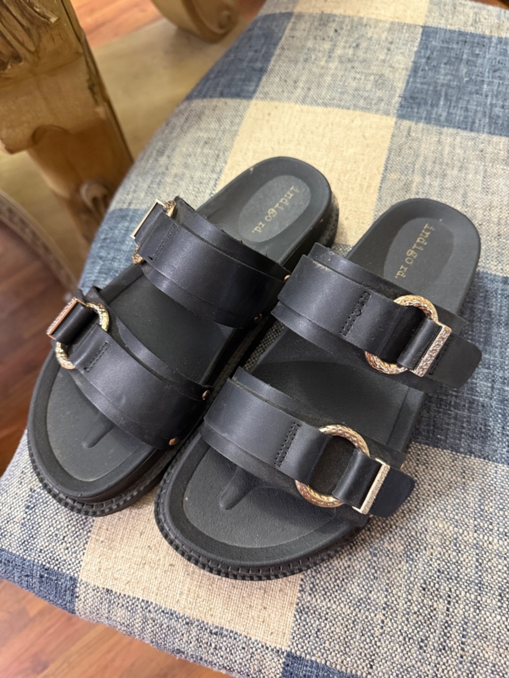 Charles & Keith Black Slide Sandals with Gold Buckles